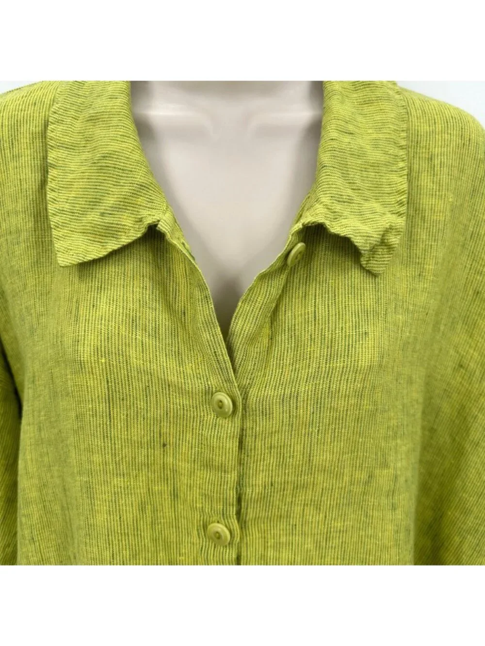 NWOT Flax Womens Green Button-Up 100% Linen Collared 3/4 Sleeve Tunic Shirt S
